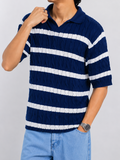 Men's Short Sleeve Striped Cable Knit Polo