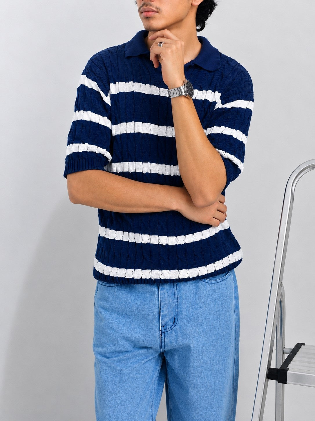 Men's Short Sleeve Striped Cable Knit Polo