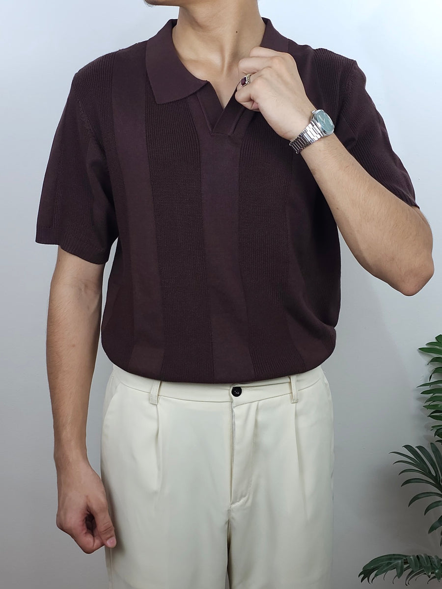 Men's Ribbed Panel Open Collar Polo