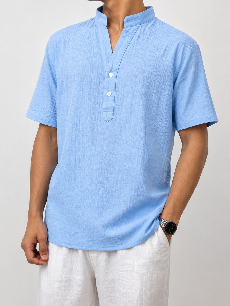 Men's Sky Blue Band Collar Half-Button Shirt