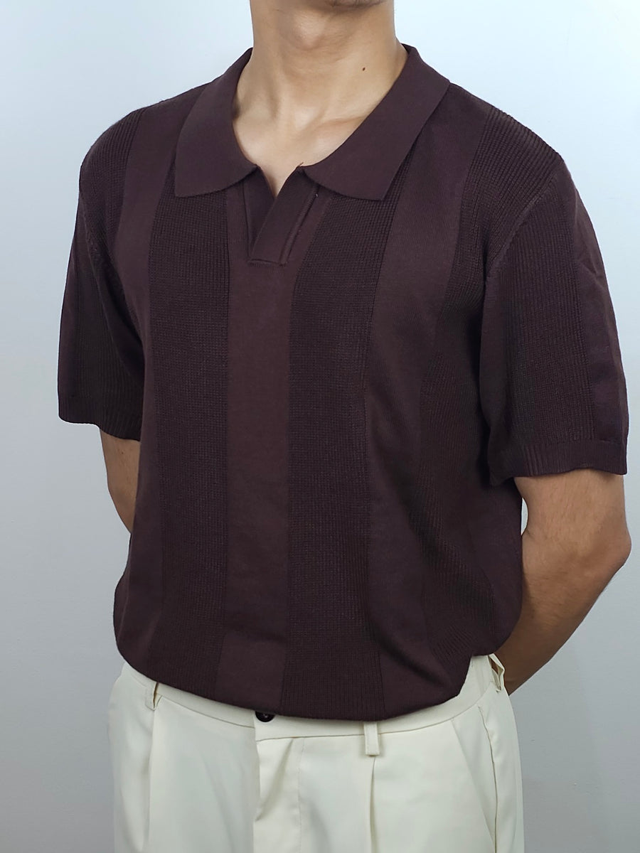 Men's Ribbed Panel Open Collar Polo