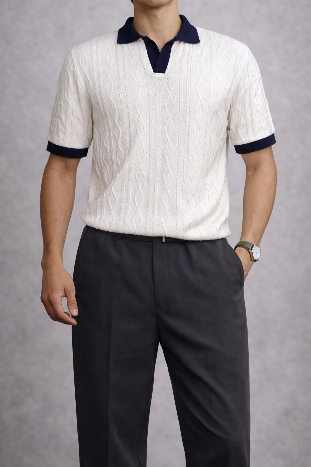 Premium Cable Knit Polo – White & Navy