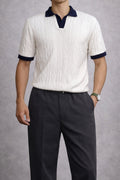 Premium Cable Knit Polo – White & Navy