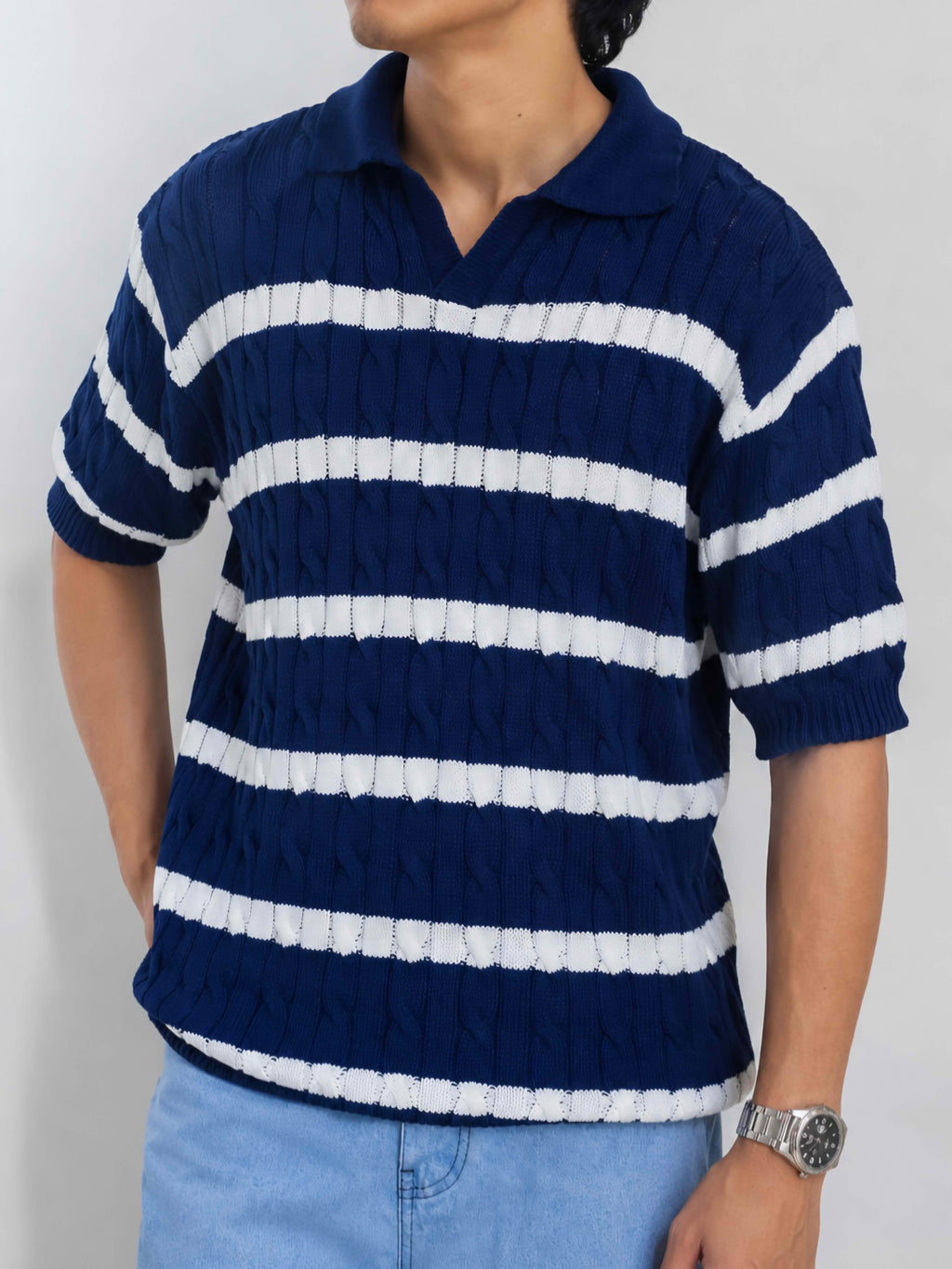 Men's Short Sleeve Striped Cable Knit Polo