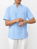 Men's Sky Blue Band Collar Half-Button Shirt