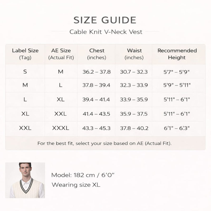 Size chart for Men’s Cable Knit V-Neck Vest