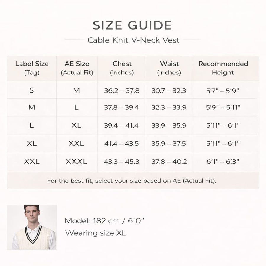 Men’s Cable Knit V-Neck Vest Size Chart