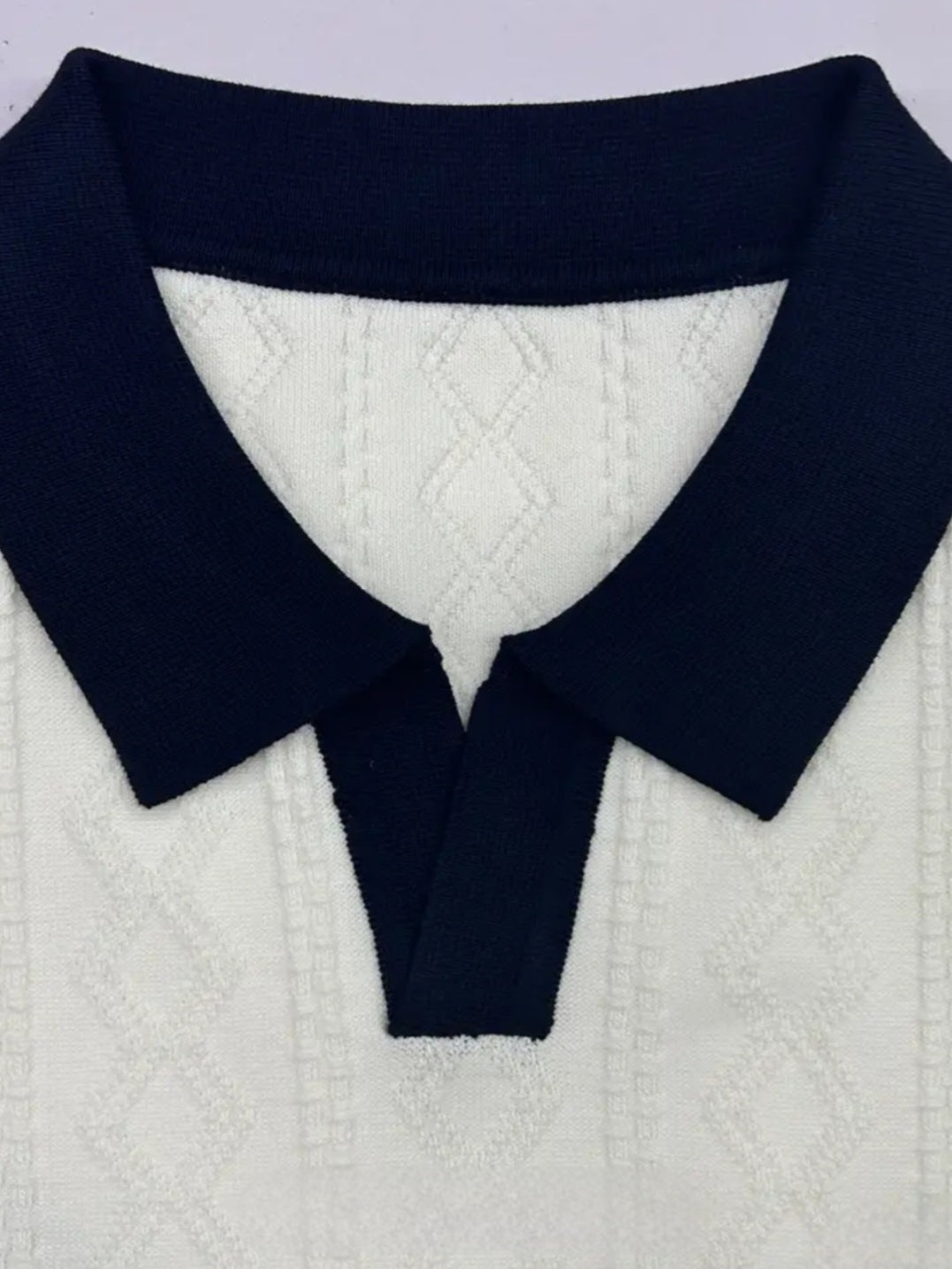 Premium Cable Knit Polo – White & Navy