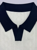 Premium Cable Knit Polo – White & Navy