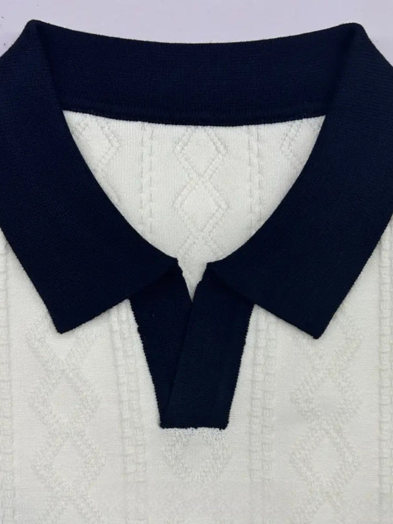 Premium Cable Knit Polo – White & Navy