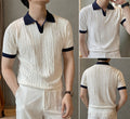 Premium Cable Knit Polo – White & Navy