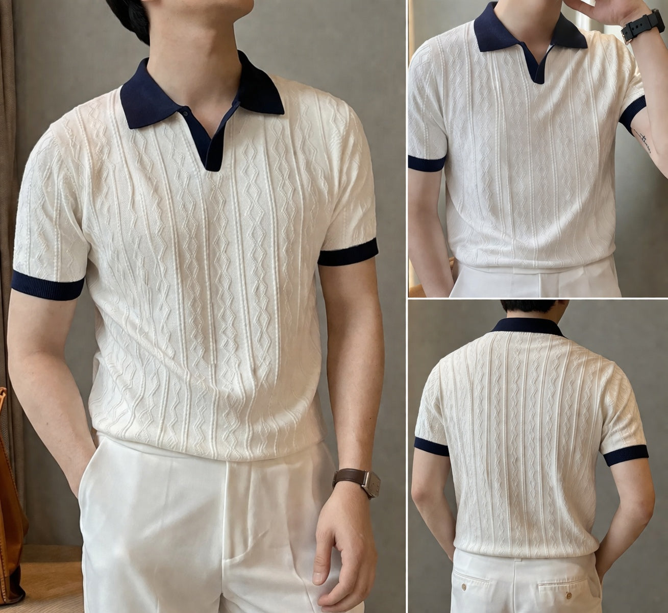 Premium Cable Knit Polo – White & Navy