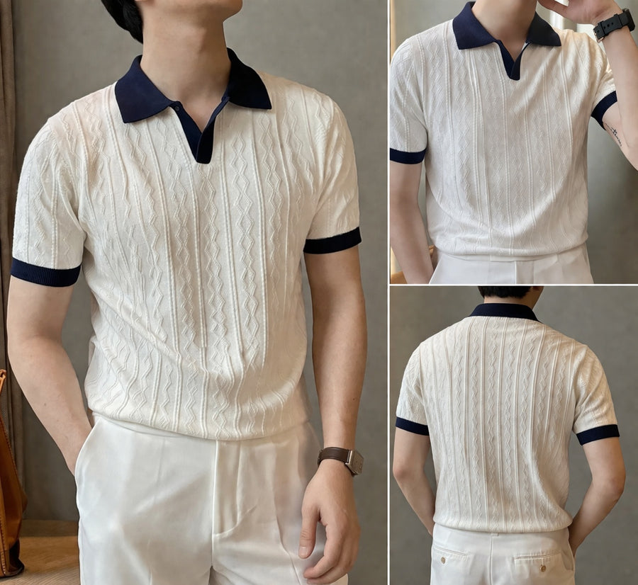 Premium Cable Knit Polo – White & Navy